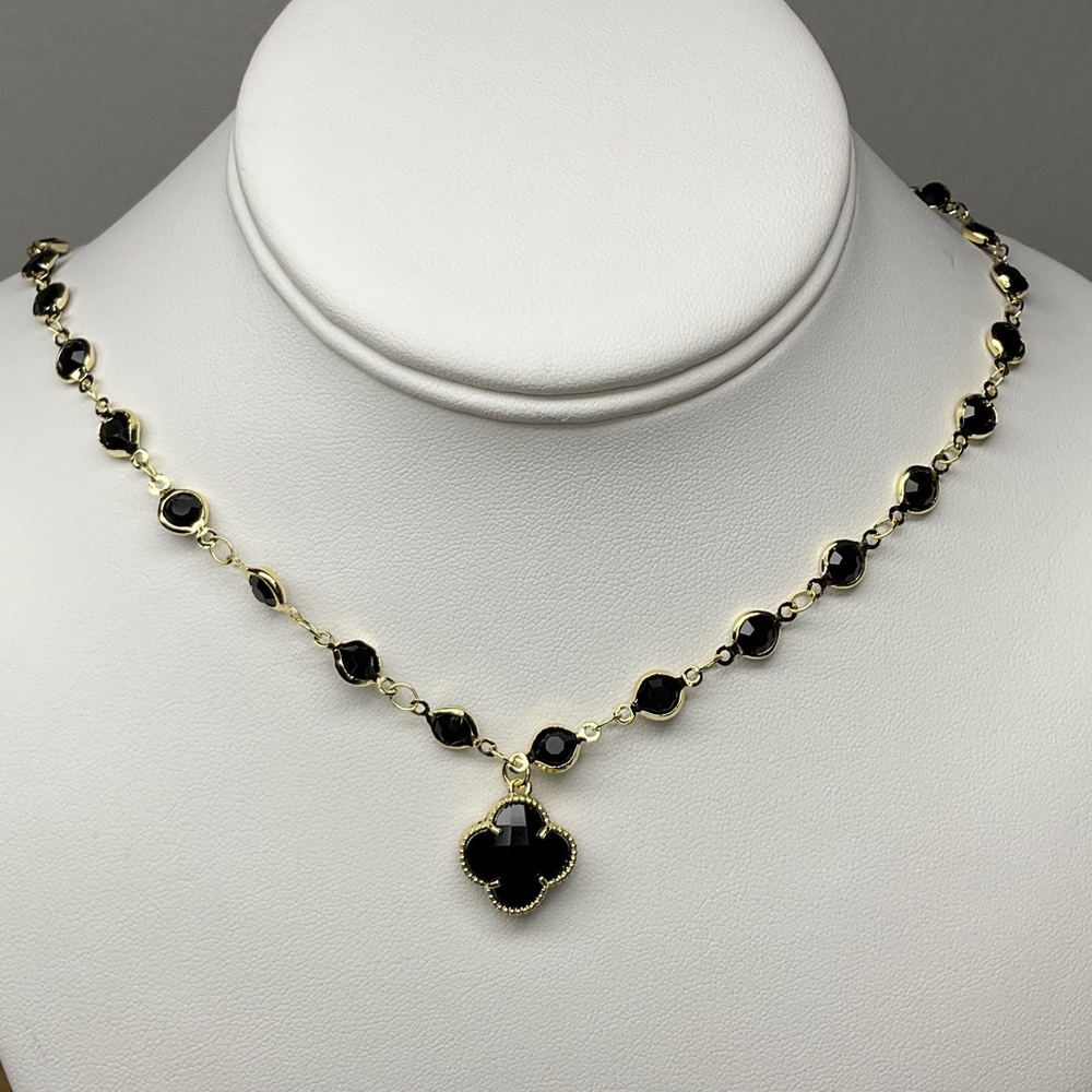Black Cubic Zirconia Clover Pendant Necklace - Women Jewelry